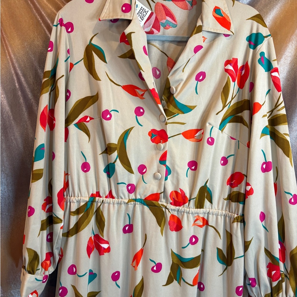 Vintage 70’s polyester cherry Floral Button-Up Dress 501 46” bespoke